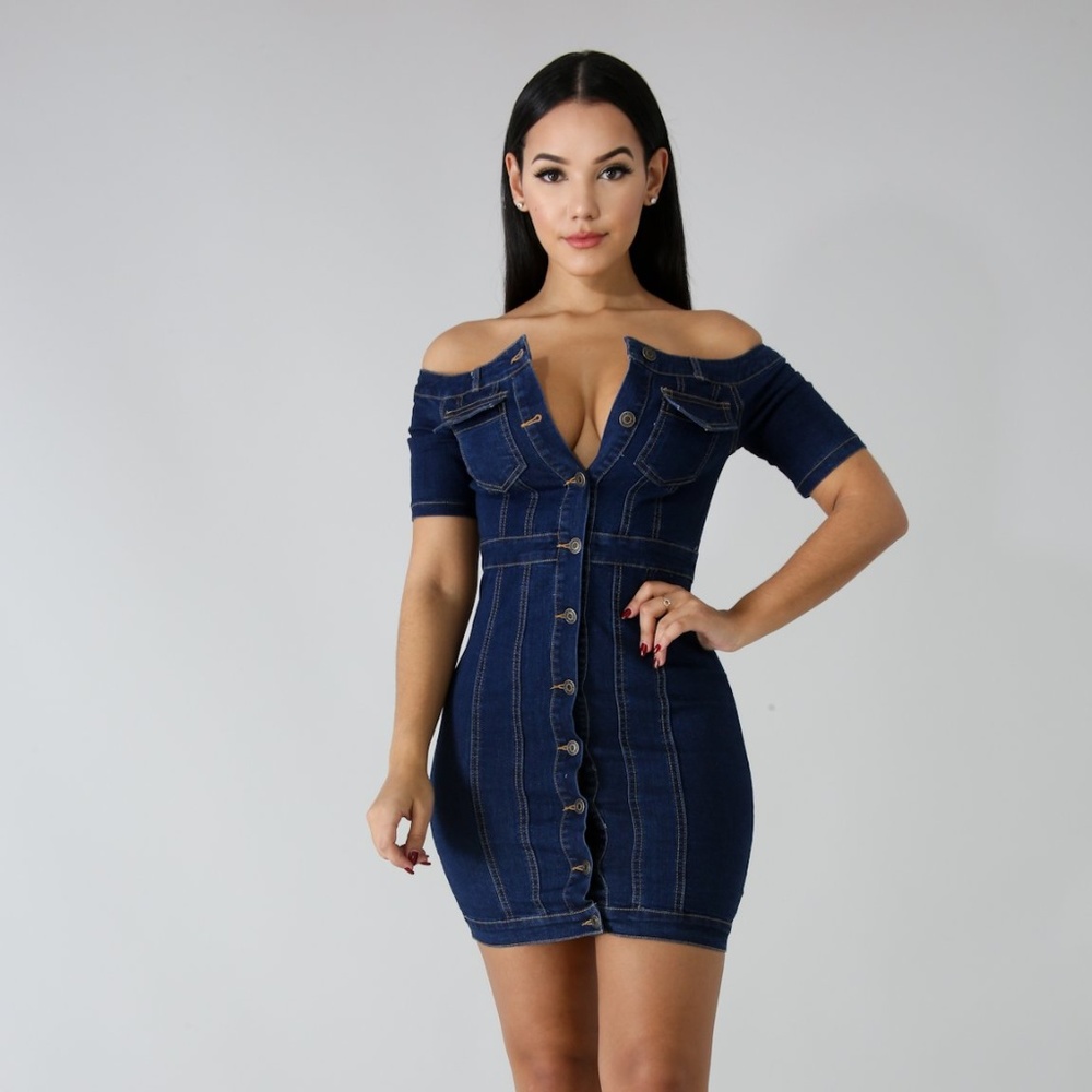 Hot Miami Styles Dark Denim Buttoned Dress